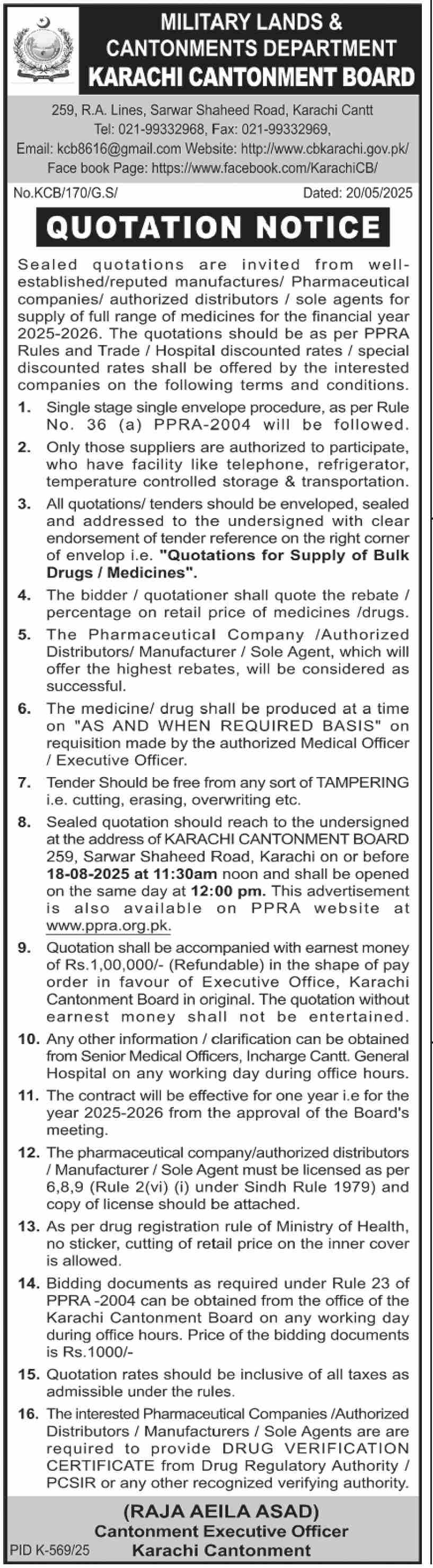 Cantonment Department Karachi Tender Notice